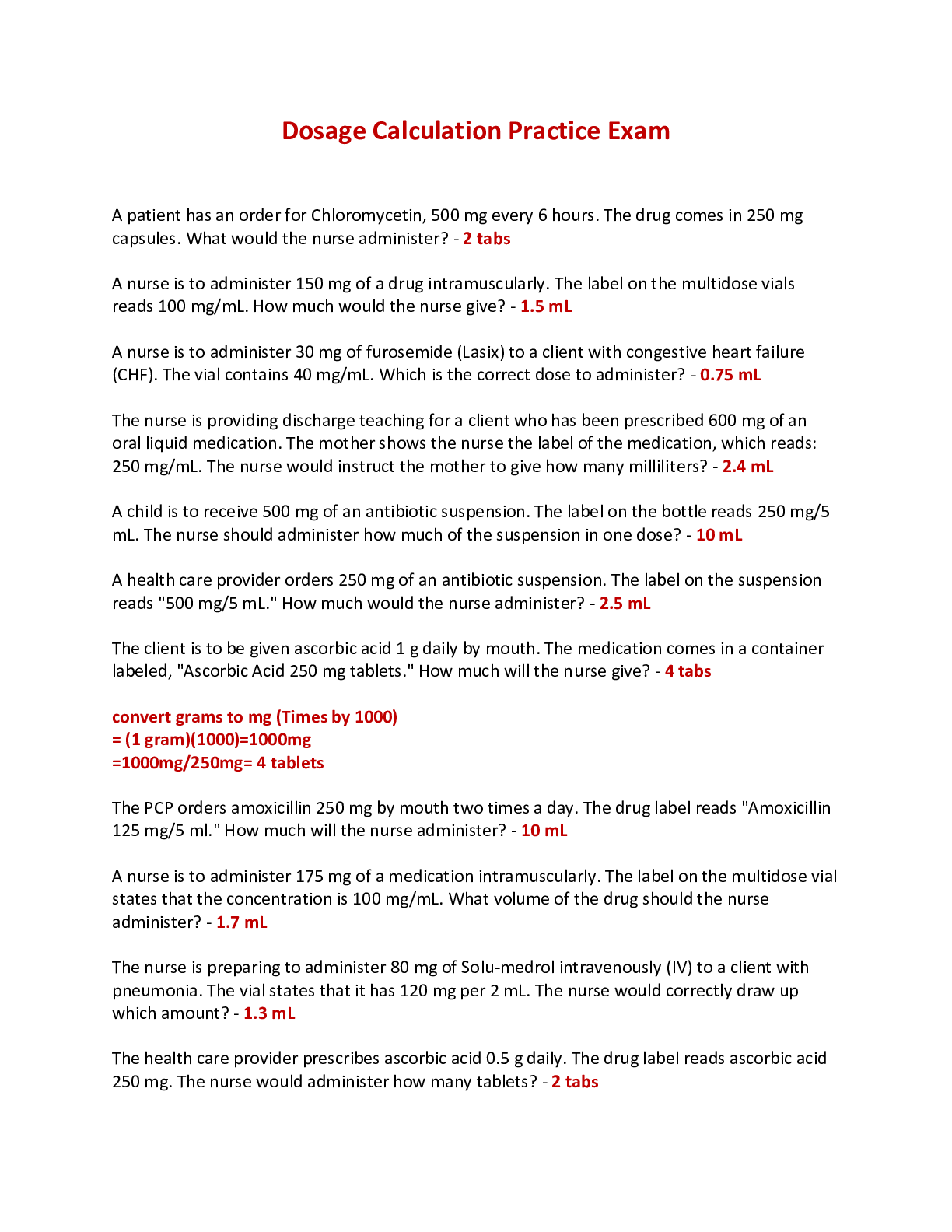 Preview image of HESI Dosage Calculation Practice Exam document